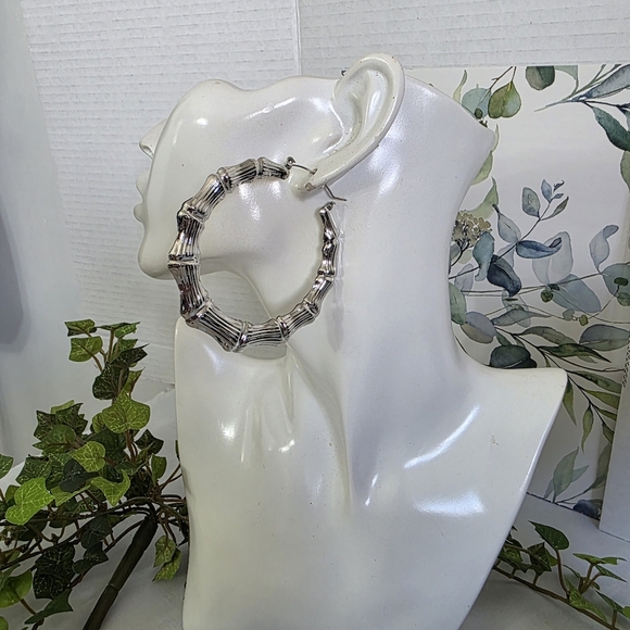 Silver Large Doorknocker Bamboo Hoop Earrings - Picture 8 of 12